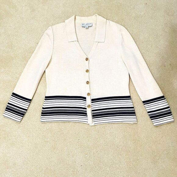St John Collection Marie Gray Sz 10 Collared Striped Cardigan V-Neck Gold Button - Picture 5 of 13